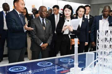 Mozambican Prime Minister Adriano Maleiane (2nd L) visits Huaxin Cement Co., Ltd. in Wuhan, central China's Hubei Province