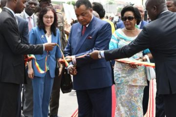 President of the Republic of the Congo Denis Sassou Nguesso (C) attends a ribbon cutting to inaugurate Chinese-built twin towers in Mpila, a district in eastern Brazzaville, the Republic of the Congo, on Oct. 23, 2023.