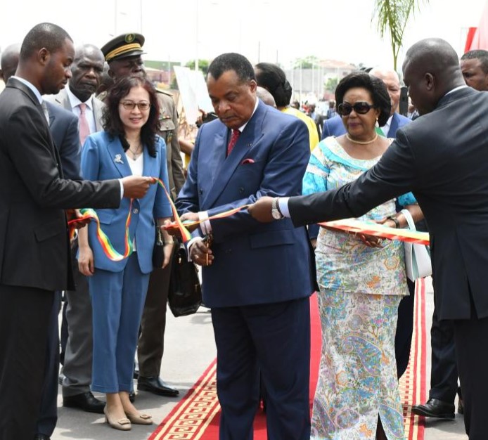 President of the Republic of the Congo Denis Sassou Nguesso (C) attends a ribbon cutting to inaugurate Chinese-built twin towers in Mpila, a district in eastern Brazzaville, the Republic of the Congo, on Oct. 23, 2023.