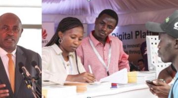 Staff members register information for visitors during the information and communications technology (ICT) job fair opening ceremony in Kampala, capital of Uganda