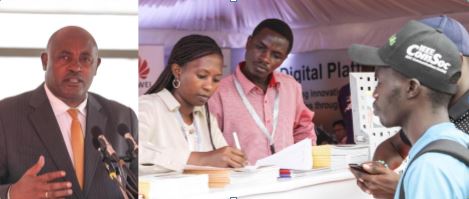 Staff members register information for visitors during the information and communications technology (ICT) job fair opening ceremony in Kampala, capital of Uganda