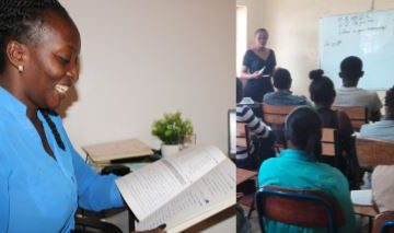 Ruth Sarah Achieng reads a Chinese textbook in Nairobi, Kenya