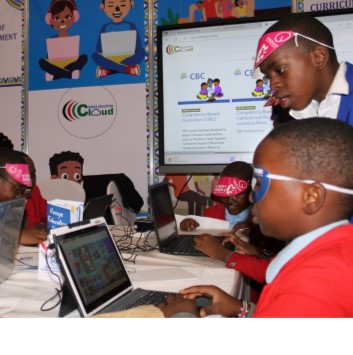 Children enjoy a digital learning experience during the 24th Nairobi International Book Fair at Sarit Center in Nairobi