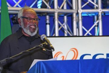 Namibia's founding President Sam Nujoma addresses the ceremony celebrating the 10th anniversary of Chinese-invested Swakop Uranium's Husab mine since its commencement of operations at the mine, near the town of Swakopmund in the Erongo region of west-central Namibia