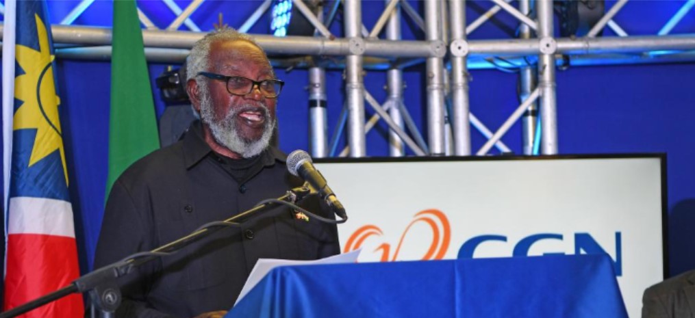 Namibia's founding President Sam Nujoma addresses the ceremony celebrating the 10th anniversary of Chinese-invested Swakop Uranium's Husab mine since its commencement of operations at the mine, near the town of Swakopmund in the Erongo region of west-central Namibia