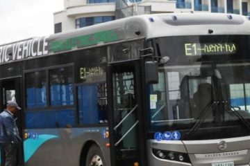 An electric bus is seen in Addis Ababa, Ethiopia