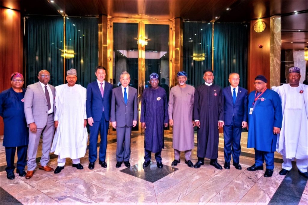 IN PHOTO: President Bola Tinubu, Chinese Foreign Minister—Wang Yi, Chinese Ambassador to Nigeria—Mr. Yu Dunhai, Nigeria Foreign Minister—Yusuf Tugger, Head of Nigeria-China Strategic Partnership—Mr. Joseph Tegbe, Nigeria Minister of Information—Mohammed Idris at the State House Abuja during Foreign Minister Wang Yi’s visit