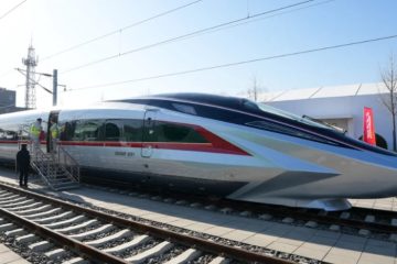 The CR450AF bullet train prototype shown on a track in Beijing