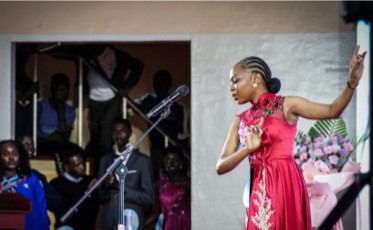 A contestant participates in the 24th Chinese Bridge-Chinese Proficiency Competition for College Students at the University of Nairobi in Nairobi, Kenya