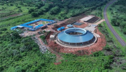 An aerial drone photo shows the construction site of a museum at the Ngorongoro Lengai